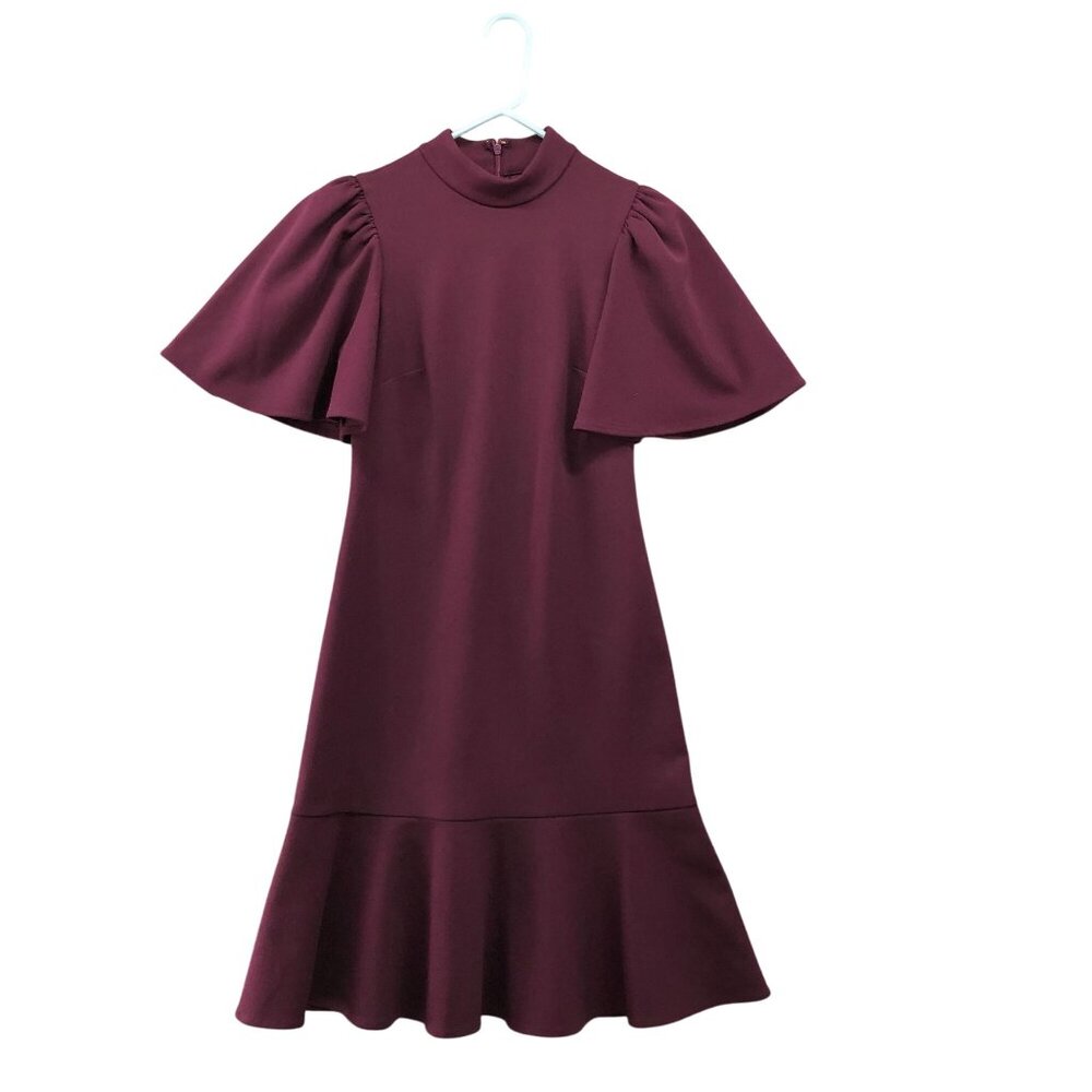 Calvin Klein Flare Sleeve Dress Size 2 Mock Neck Knee Length Formal Purple